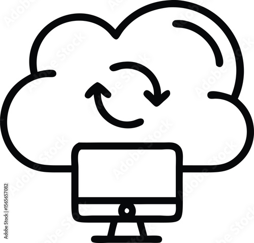 Outline computer with cloud and refresh arrows data transfer service