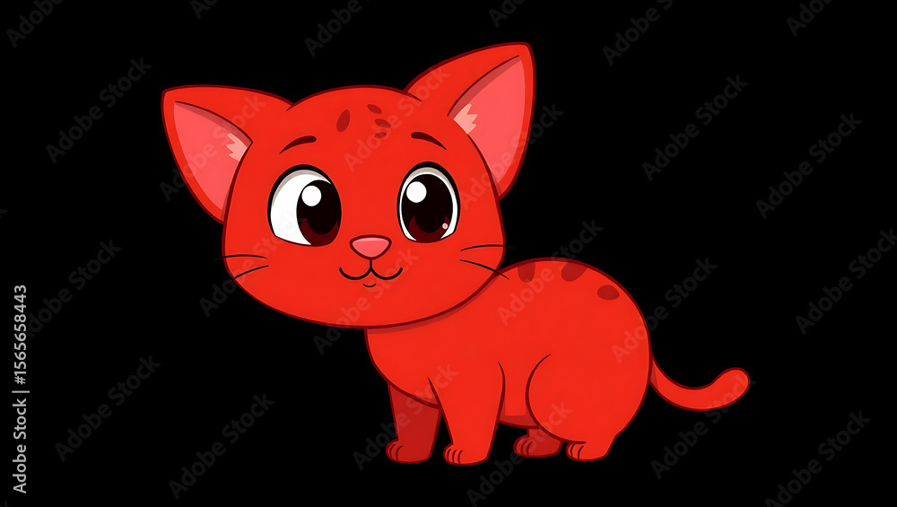 Obraz premium Adorable cartoon red kitten with big eyes and a happy expression on a black background