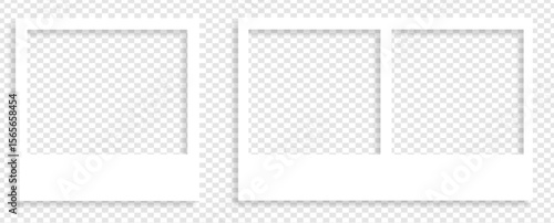 Realistic polaroid photo template. Empty photo frame mock up with shadow. Vintage card. Vector illustration on transparent background.