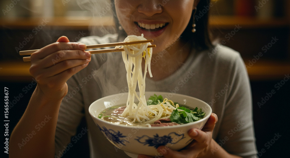 Woman holding a bowl of pho with chopsticks lifting rice noodles Woman holding a bowl of pho with chopsticks lifting rice noodles