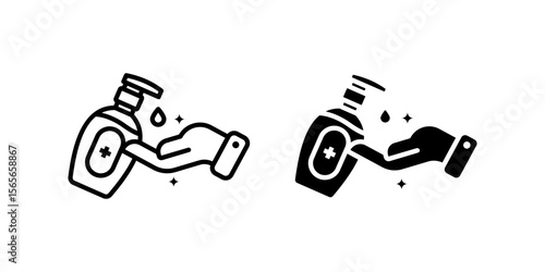 Sanitizer icon set. A minimalist outline icon illustration of a hand receiving sanitizer from a dispenser bottle, symbolizing hygiene and cleanliness.