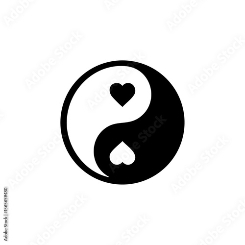 A creative reinterpretation of the yin yang symbol with heart icons, representing love, balance, harmony, and duality in relationships or wellness.
