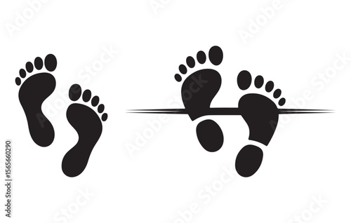 Black Footprint Silhouettes Set Two Pairs Barefoot Steps Line footprints feet
