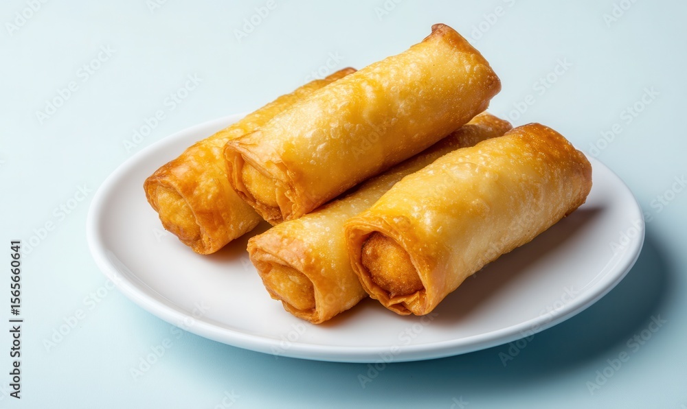 Crispy fried Spring Rolls, golden and delicious, on a white plate Crispy fried Spring Rolls, golden and delicious, on a white plate