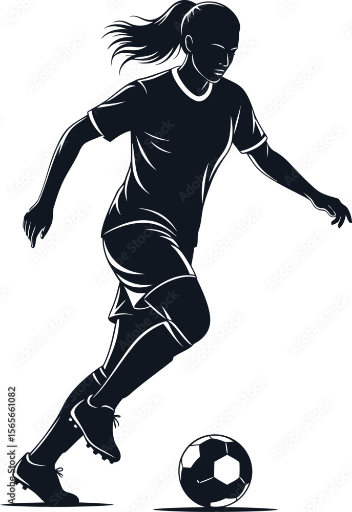 Obraz premium Silhouette of a woman playing soccer dribbling the ball on a white background football