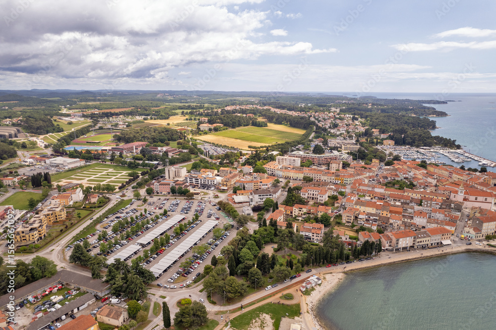 Obraz premium Aerial drone view of Porec coast and town in Croatia.