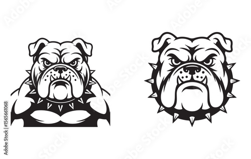 Two Black and White Bulldog Illustrations Spiked Collar Angry Expression Mascot Design