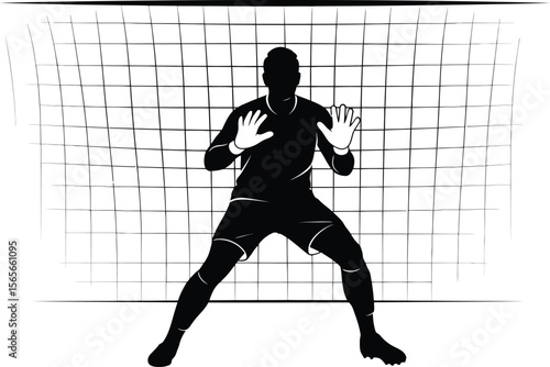 Silhouette of a soccer goalkeeper in a defensive stance in front of a net goalie soccer player