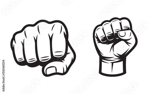 Two Black and White Vintage Style Illustrations of a Human Fist Closed and a Human Fist in a