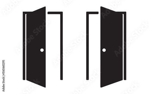 Two Black Doors Open Ajar Showing White Door Knobs Simple Icon vector
