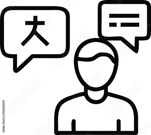 Outline person speaks chinese, translates text, communication bubble, learning language, talking person