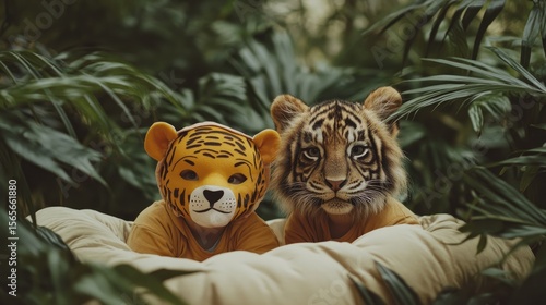 Two young animals, masked like cats, nestled in foliage.