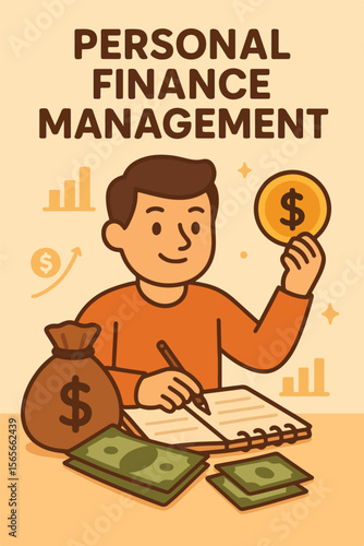 Vector illustration of a person managing personal finances, surrounded by money, a savings bag, financial graphs, and a notebook. Ideal for topics like budgeting, saving money