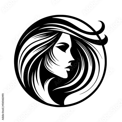 Elegant Woman Profile in Circle: Black and White Hair Design Illustration