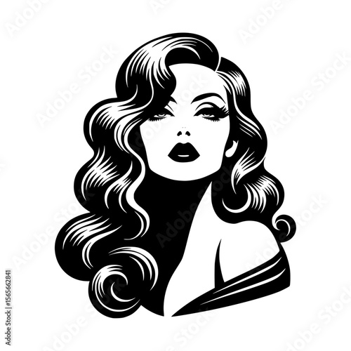 Vintage Glamour  Elegant Woman with Long Wavy Hair, Black and White Illustration