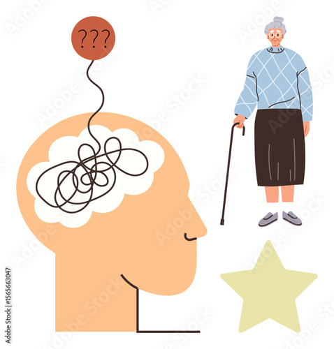 Elderly woman with a cane beside a tangled brain and question marks, symbolizing memory or cognitive issues. Ideal for aging, health, dementia, confusion, mental health, memory education. Simple