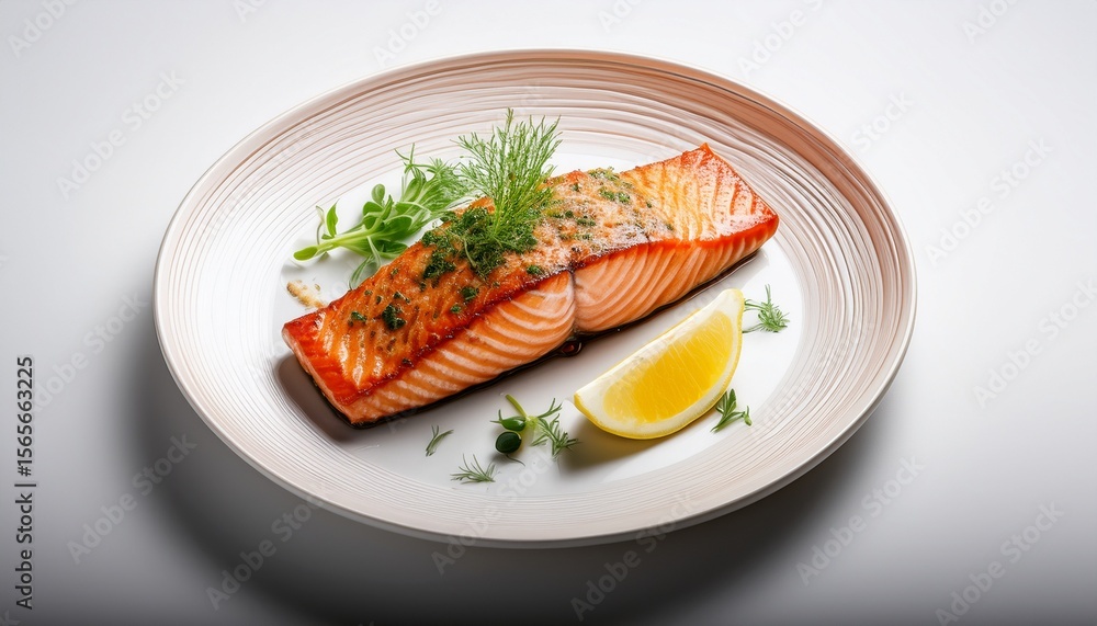 a top down view of an elegant white plate with a perfectly seared salmon fillet garnished and centered against a clean background a top down view of an elegant white plate with a perfectly seared salmon fillet garnished and centered against a clean background