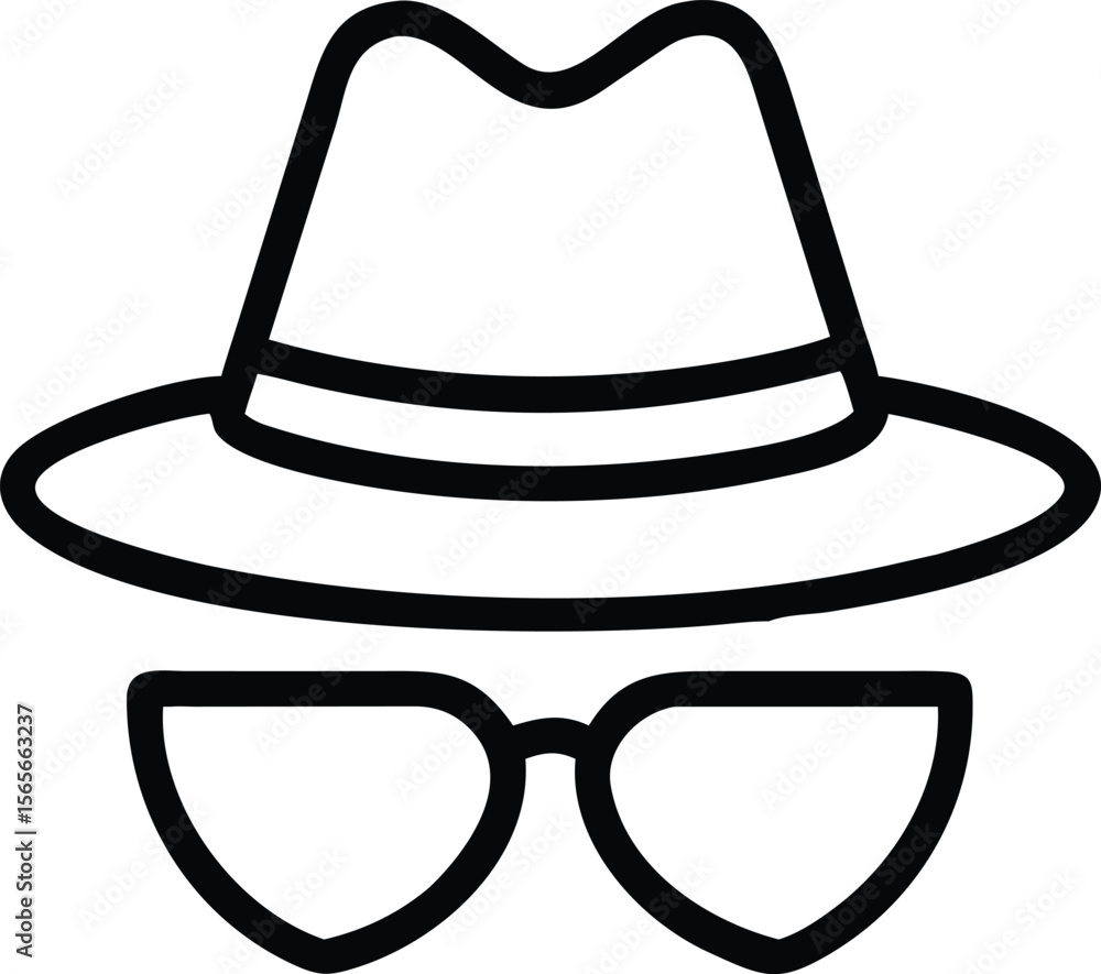 Outlined hat and glasses icon for anonymous or incognito representation Outlined hat and glasses icon for anonymous or incognito representation