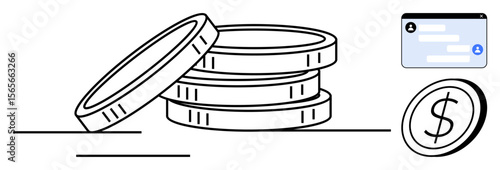 Coins stacked with a dollar coin and digital wallet interface. Ideal for finance, investment, savings, e-commerce, digital payment, online banking, and simple landing page