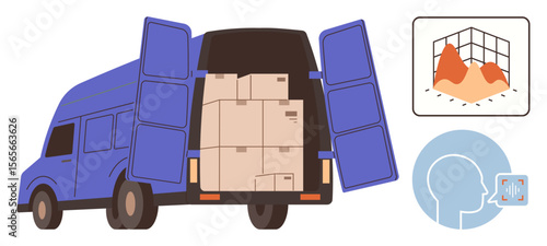 Delivery van with open doors stacked with packages, accompanied by data chart and voice recognition graphics. Ideal for logistics, supply chain, technology, AI, delivery, communication, e-commerce