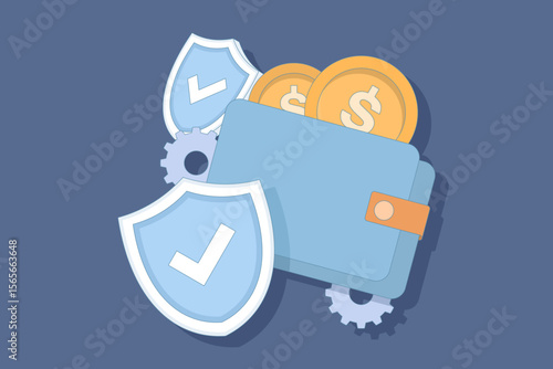 Mobile payment application concept, Wallet with cash and coins placed on smartphone, Digital wallet application for financial transactions. Internet banking concept. Flat design illustration.