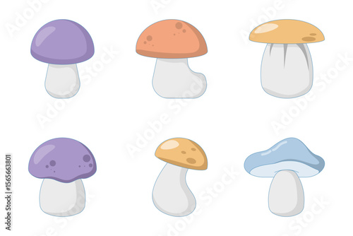 mushroom concept, Collection of different mushrooms. featuring cute toadstools. isolated in nature. Cartoon illustration of mushrooms in the forest.