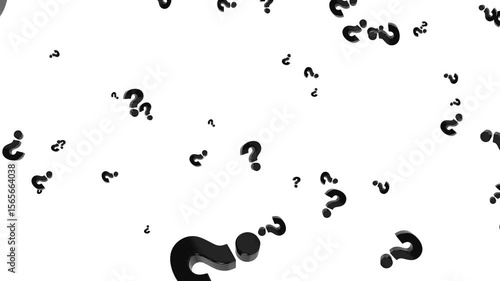 A sea of black question marks against a stark white background,Ideal for abstract concepts and educational themes.doubt, Animated Black Question Marks Floating and Flying on a White Background,Symbol 