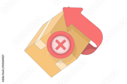 Concept of return, failed delivery, order cancellation, rejected package, or product issue. Illustration of a box with a rotating arrow and a cross in the middle. Flat illustration on a background