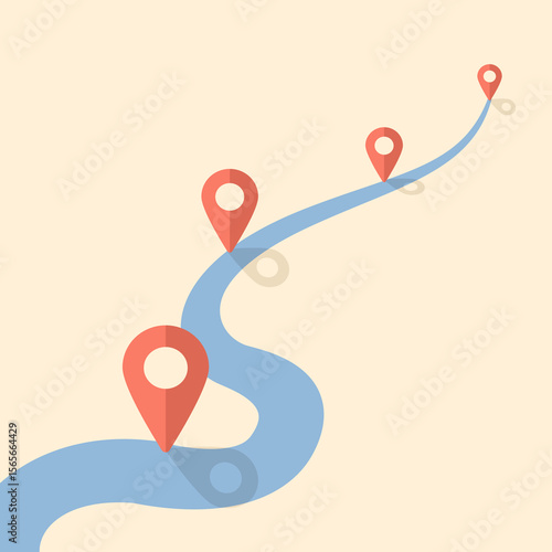 Business project milestone road concept. Can be a symbol of route in business. Road and pin. Starting from road and path with marker. Blue road in desert with bright sun and gps pin on route.