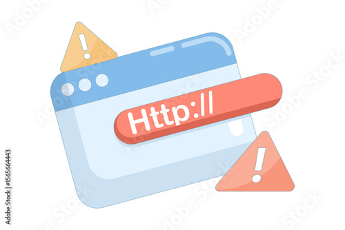 vector illustration of unsafe URL, http symbol and warning or danger sign. dangerous and suspicious link. unsafe website address. dangerous link concept. flat design.