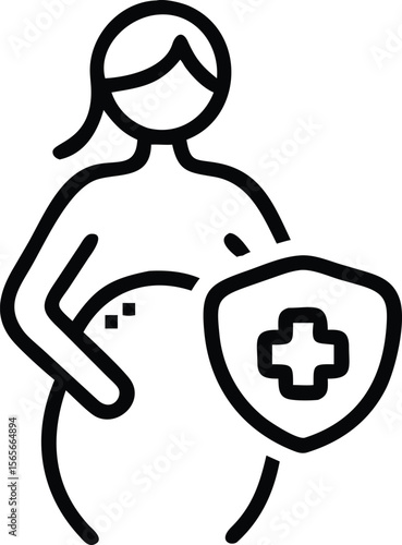 Pregnant woman line icon with medical health shield symbol for protection
