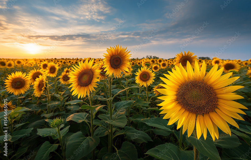 Fototapeta premium A vibrant sunflower field under the warm glow of sunset,