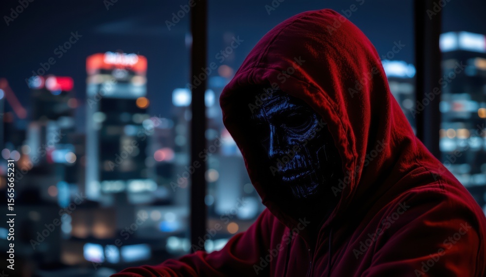 there's a person standing in front of a cityscape at night. the individual is wearing a red hoodie and has a blue face, resembling a digital or cybernetic representation there's a person standing in front of a cityscape at night. the individual is wearing a red hoodie and has a blue face, resembling a digital or cybernetic representation