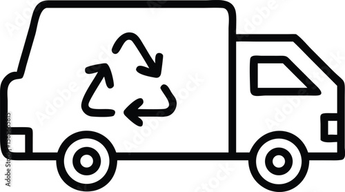 Recycling truck in outline style carrying waste reduction symbol for ecological concepts