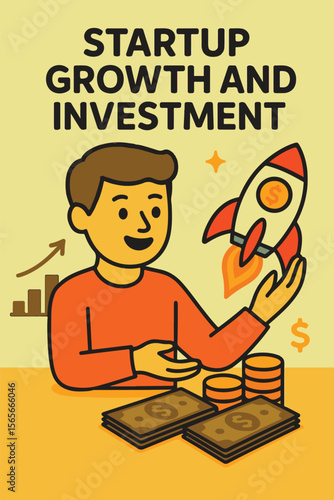 Flat vector illustration of a happy entrepreneur holding a rocket symbolizing startup growth, surrounded by cash, coins, and a rising bar graph. Perfect for themes like venture capital, business