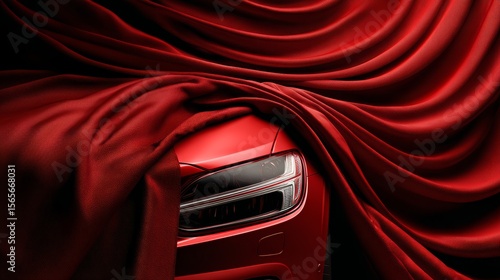 Luxury car hidden under red fabric standing still with elegance in a soft light showroom scene