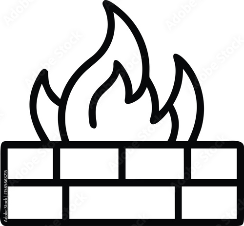 Simple flat style fireplace outline drawing with fire flame on a brick wall