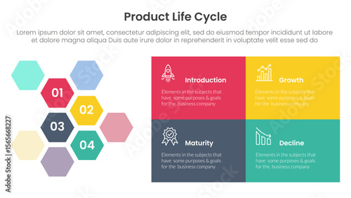 product life cycle stages infographic 4 point stage template with hexagonal honeycomb and rectangle box for slide presentation