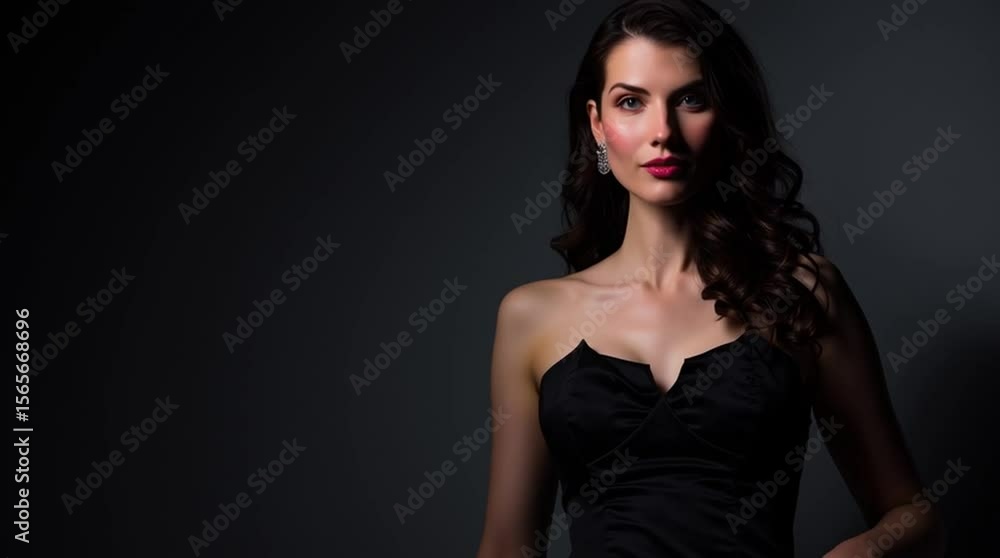 Elegant studio portrait of a sophisticated woman in a classic black dress, illuminated by soft, gentle light.

