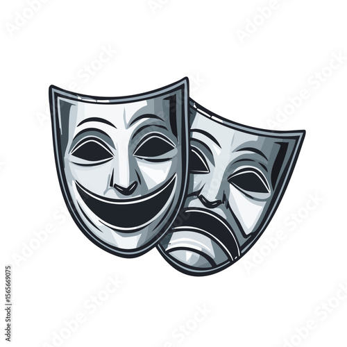 Comedy and tragedy masks illustration symbolizing drama theater performance or stage acting arts and dual emotions concept on black backdrop