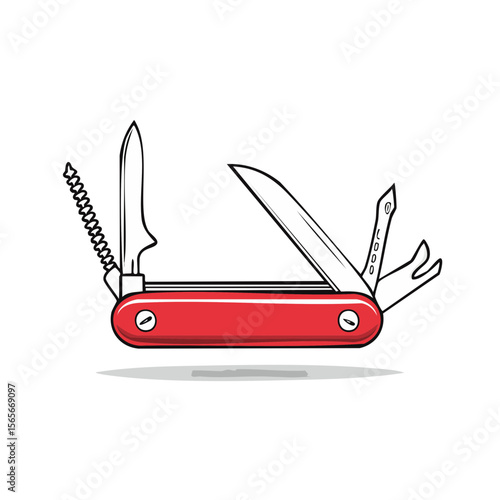 Handy Red Pocket Knife Illustration with Fold Out Blades and Tools on a Black Background