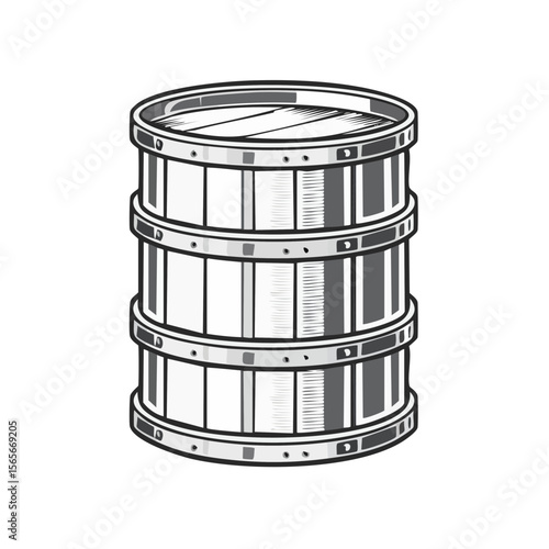 Isolated monochrome wooden barrel illustration for storage or aging beverages and goods on black background