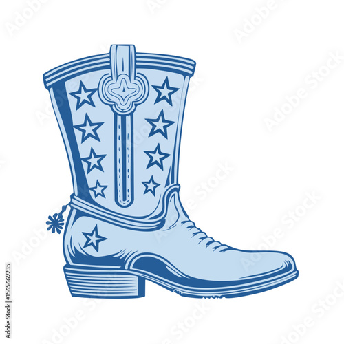 Detailed Cowboy Boot Illustration with Stars and Spurs on Black Background