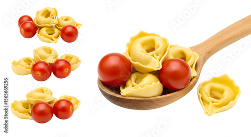 A wooden spoon holding fresh tortellini and cherry tomatoes, showcasing vibrant colors and culinary creativity in a kitchen setting