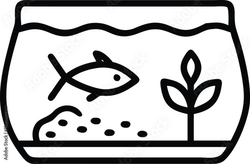 Simple line art fishbowl icon with fish, plant, food and wavy water for design