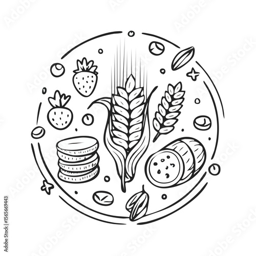 Cereal Bowl Ingredients Illustration: Wheat Strawberries Pancakes and Seeds on Black Background