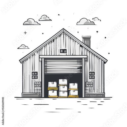 Warehouse at night with rolling door partially open revealing stored boxes and pallets cartoon minimalist aesthetic