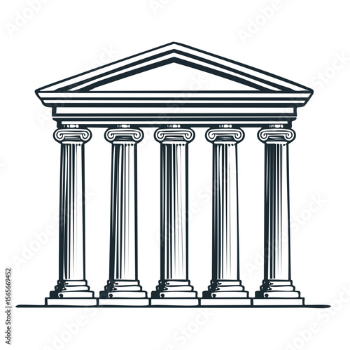 Hand-drawn Architecture of Ancient Greek Building with Columns and Triangle Roof on Black Background