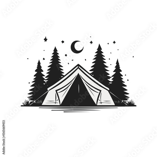 Monochrome camping tent scene at night with coniferous trees under starry sky and crescent moon in forest outdoors adventure