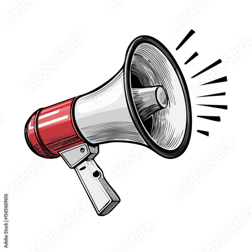 Red and White Megaphone Isolated on Black Background in Hand Drawn Style